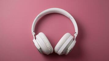 minimalista parte superior ver composición con blanco auriculares en brillante rosado antecedentes con un lote de Copiar espacio para tu texto. cerca arriba, plano poner. ai generativo foto