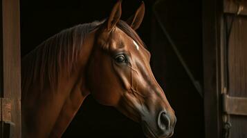 Head of the thoroughbred horse looking over the wooden stable doors. Close up, Generative AI photo