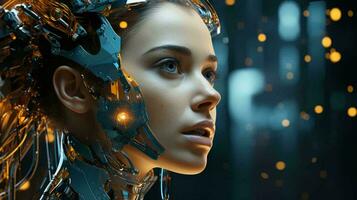 Connection of human woman and artificial intelligence robot. The concept of merging a person and a computer with neural networks in the future. AI generated photo