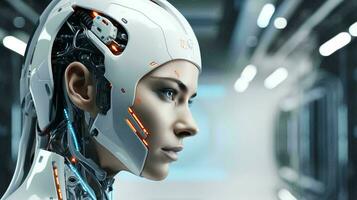 The face of a robot woman and a futuristic hybrid of human and artificial intelligence photo
