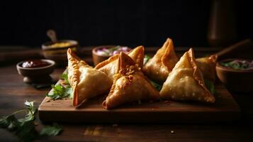 Wooden board with delicious meat samosas, closeup. Ai Generative photo