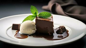 A piece of chocolate cake and ice cream on it with a mint sprig on top of the plate. Generative AI photo