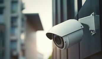 cctv en el pared en el ciudad. seguridad cámara en moderno edificio. profesional vigilancia cámaras generativo ai foto
