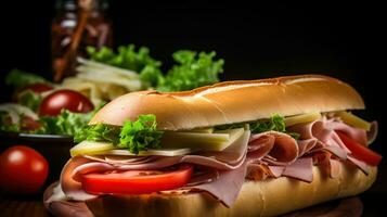 Classic Italian food. Deli sliced ham on toasted french baguette with melted provolone, iceberg lettuce, and 4 slices of roma tomatoes, Generative AI photo