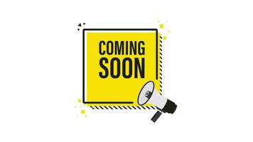 Coming soon megaphone yellow banner in 3D style on white background. Motion graphics. video