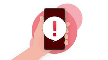 Smartphone with danger sign on screen on red background. Motion graphics. video