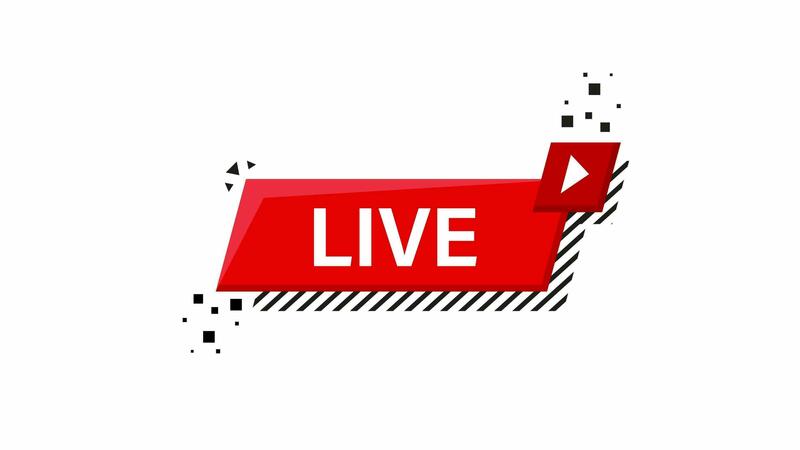 Live logo icon. Red design element with play button for news and TV or online broadcasting. Motion graphics