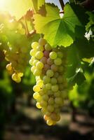 Sunny summer, Clusters of ripe grapes in the vineyard, Full, Crystal clear fruit, Vineyards in the background, Generative AI photo