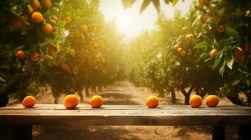 Harvest Time. Celebrating the Beauty of Fresh Oranges on a Wooden Table. Copy space, AI Generative photo