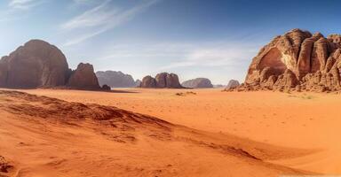 The Breathtaking Panorama of a Red Sand Desert Embracing Mountainous Rocks. Generative AI photo