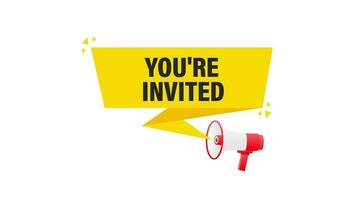 You are invited megaphone yellow banner in 3D style on white background. Motion graphics. video