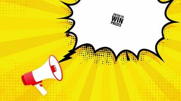 entrar a ganar premios megáfono amarillo bandera en 3d estilo. movimiento gráficos. video