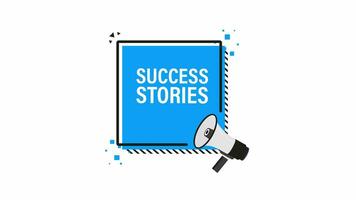 Success stories megaphone blue banner in 3D style on white background. Motion graphics. video