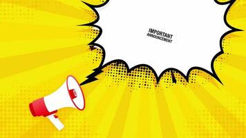 Megaphone with important announcement poster in flat style. Motion graphics. video