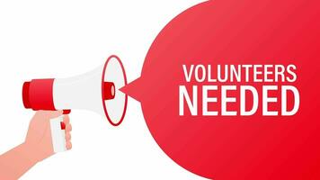 Volunteers needed megaphone red banner in 3D style on white background. Motion graphics. video