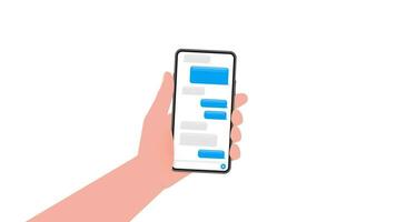 Hand holds phone with chat message on blue background. Motion graphics. video