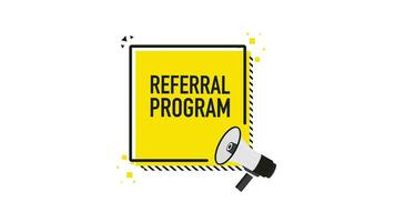 Referral program megaphone yellow banner in 3D style on white background. Motion graphics. video