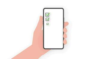 Hand holds phone with check list on screen on green background. Motion graphics. video