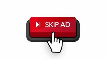 Skip ad red button on white background. Hand mouse. Flat 3D button. Motion graphics. video