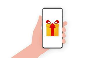 Hand holds phone with prizes box on screen. Discount coupon icon and prizes box on smartphone. Motion graphics. video