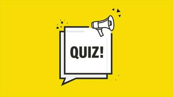 Quiz megaphone yellow banner in flat style. Loudspeacker. Motion graphics. video