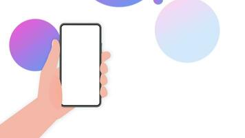 Hand holds phone with mock up screen. Phone on white background. Motion graphics. video