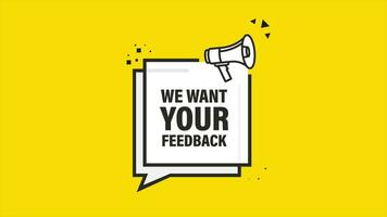 We want your feedback megaphone yellow banner in 3D style. Motion graphics. video