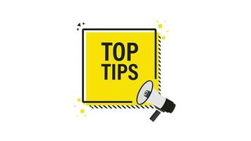 Top tips megaphone yellow banner in 3D style on white background. Motion graphics. video