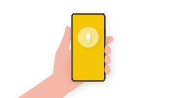 Hand holds phone with record podcast on screen on yellow background. Motion graphics. video