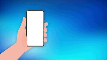 Hand holds phone with mock up screen. Phone on white background. Motion graphics. video