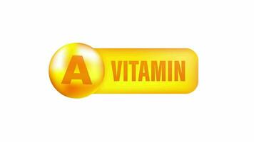 vitamina un con realista soltar en gris antecedentes. partículas de vitaminas en el medio. movimiento gráficos. video