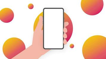 Hand holds phone with mock up screen. Phone on white background. Motion graphics. video