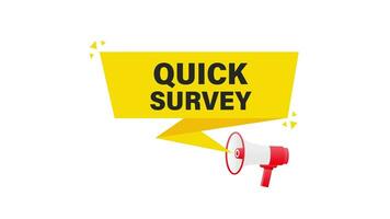 Quick survey megaphone yellow banner in 3D style on white background. Motion graphics. video