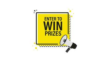Enter to win prizes megaphone yellow banner in 3D style on white background. Motion graphics. video