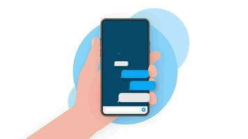 Hand holds phone with chat message on blue background. Motion graphics. video