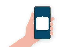 Hand holds phone with sign up form window on screen on blue background. Motion graphics. video