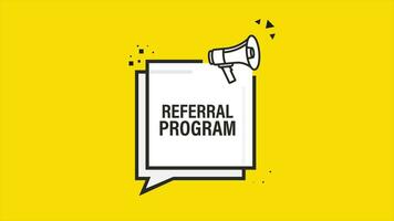 Referral program megaphone yellow banner in 3D style on white background. Motion graphics. video