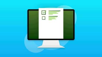 Computer mit online Prüfung auf Grün Hintergrund. Bewegung Grafik. video