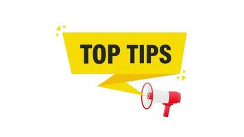 Top tips megaphone yellow banner in 3D style on white background. Motion graphics. video