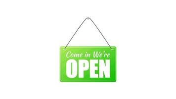 Open door sign. Door sign. Label with text in flat style. Motion graphics. video