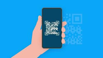 Hand holds phone with scan qr code to pay on screen. Phone on blue background. Motion graphics. video