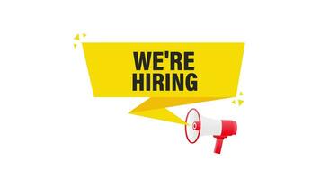 We are hiring megaphone yellow banner in 3D style on white background. Motion graphics. video