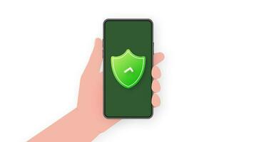 Hand holds phone with secure sign on screen on green background. Motion graphics. video