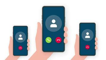 Three hands hold phones with call Incoming video call on screen on white background. Motion graphics.