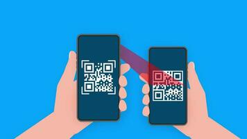 Hand holds phone with scan qr code to pay on screen. Phone on blue background. Motion graphics. video