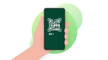 Hand holds phone with scan qr code to pay on screen. Phone on green background. Motion graphics. video