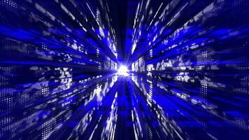 blauw drijvend deeltjes in digitaal technologisch 3d cyberspace met licht stralen video
