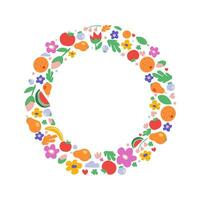 Rounded frame with fruits, berries, branches, leaves, summer bright abstract natural elements, with copy space inside. Vector graphics.
