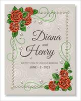 Wedding invitation card template with roses, pearl vector