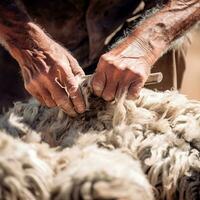 Men's hands cut the wool of a sheep. Seasonal sheep shearing. Close up of sheep wool being sheared by a shepherd. Men's hands shear sheep's wool. Seasonal sheep shearing. Farmer's hands close up. photo